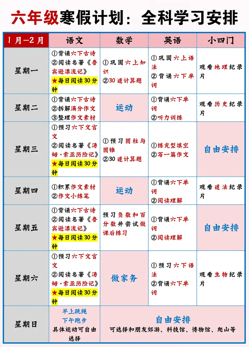 小學(xué)六年級(jí)寒假計(jì)劃表,寒假逆襲作息時(shí)間表模版